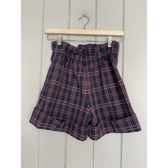 Aritzia Sunday Best Plaid High Waist Paper Bag Cuffed Shorts 4 Navy Blue Purple - Picture 5 of 5